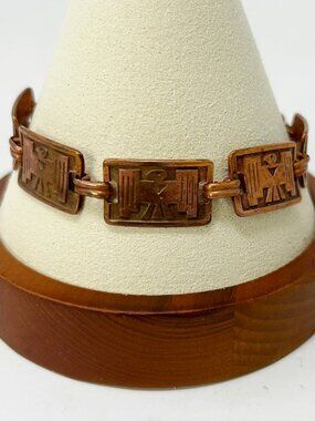 Vtg Solid Copper Bracelet 7.25”Thunderbird Panel Link Native American Look 18.6g